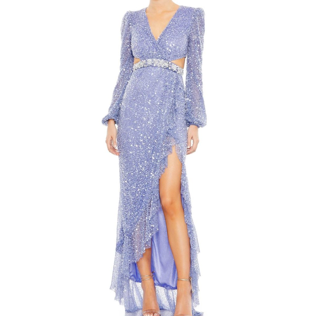 New Mac Duggal 5745 Lilac Sz 2 Sequined Faux Wrap Cut Out Puff Sleeve Dress